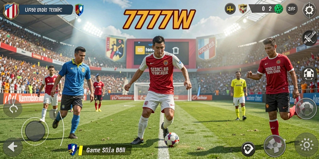 Screenshot gameplay 7777W menampilkan aksi seru di lapangan sepak bola.