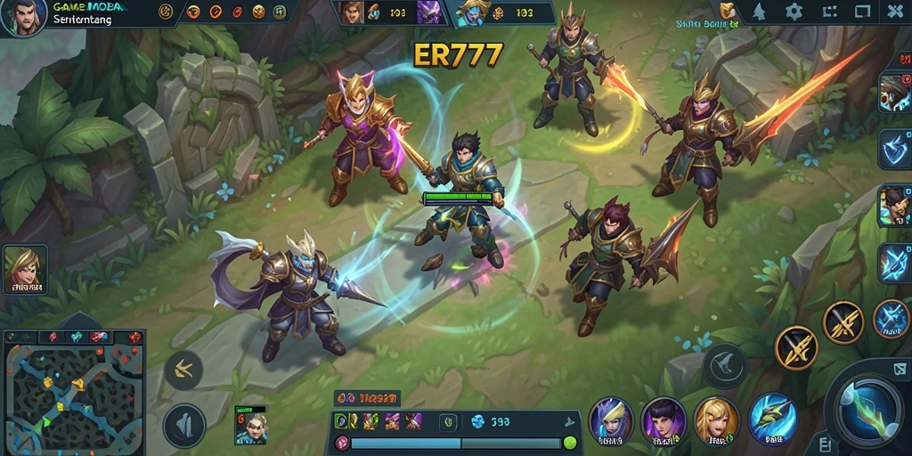 Screenshot gameplay ER777 menampilkan pertarungan seru di arena MOBA.