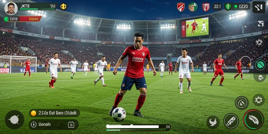 Screenshot gameplay menampilkan aksi seru dalam pertandingan sepak bola.