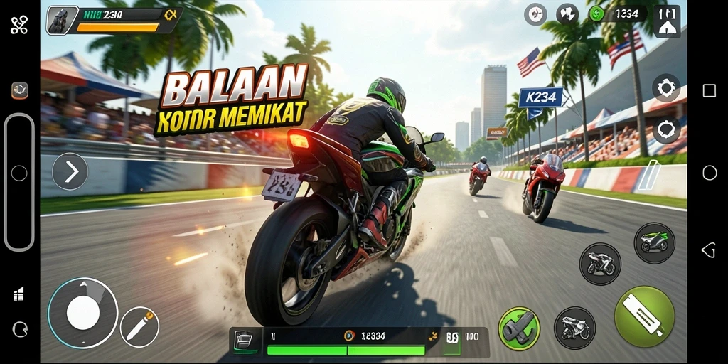 Gameplay mendebarkan dalam K234 dengan balapan motor yang menarik.