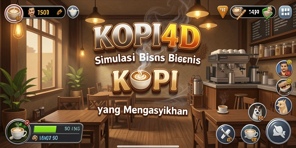 Tampilan gameplay KOPI4D dengan kedai kopi yang stylish dan pelanggan menikmati kopi.