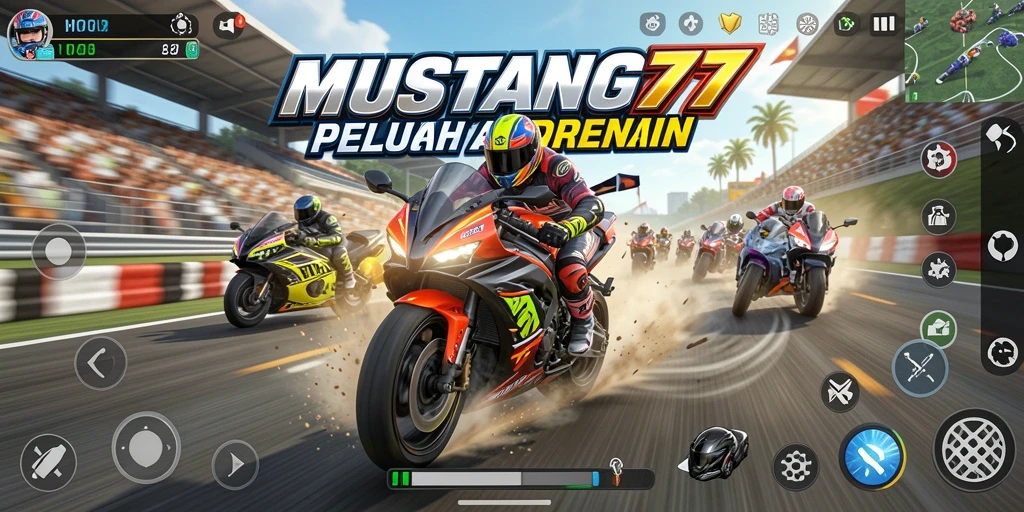 Tampilan gameplay MUSTANG77 dengan balapan motor yang seru.
