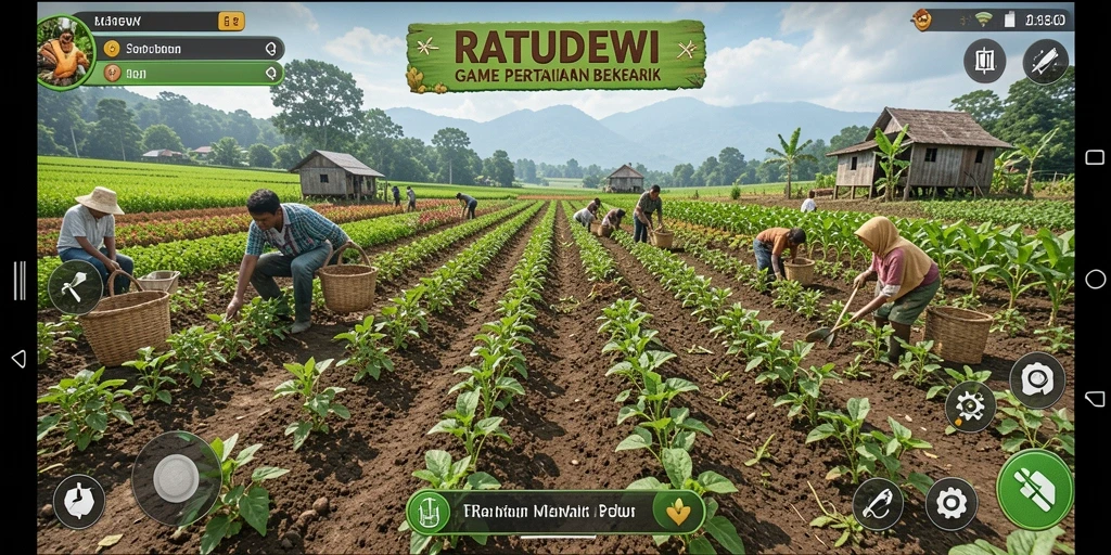 Screenshot gameplay menunjukkan kebun yang indah dan beragam tanaman.