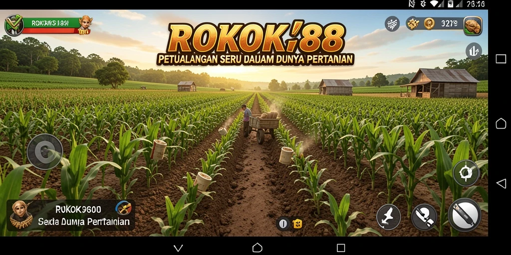 Tampilan gameplay ROKOK88 menampilkan kebun yang rimbun dan alat pertanian.